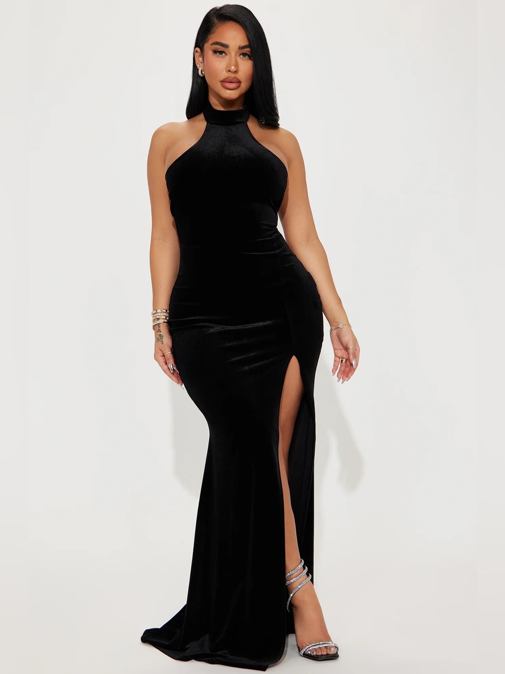 Fashion Nova Black Velvet Bodycon Maxi Dress Womens Large Halter Neck Front Slit